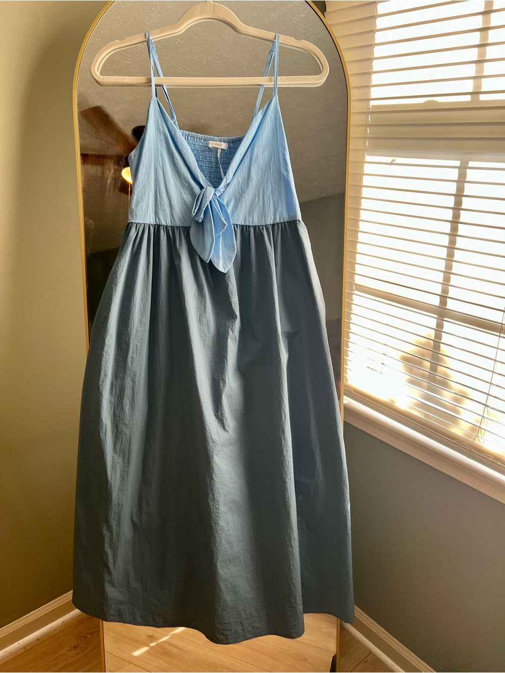 Two-Tone Light Blue Tie-Front Midi Dress